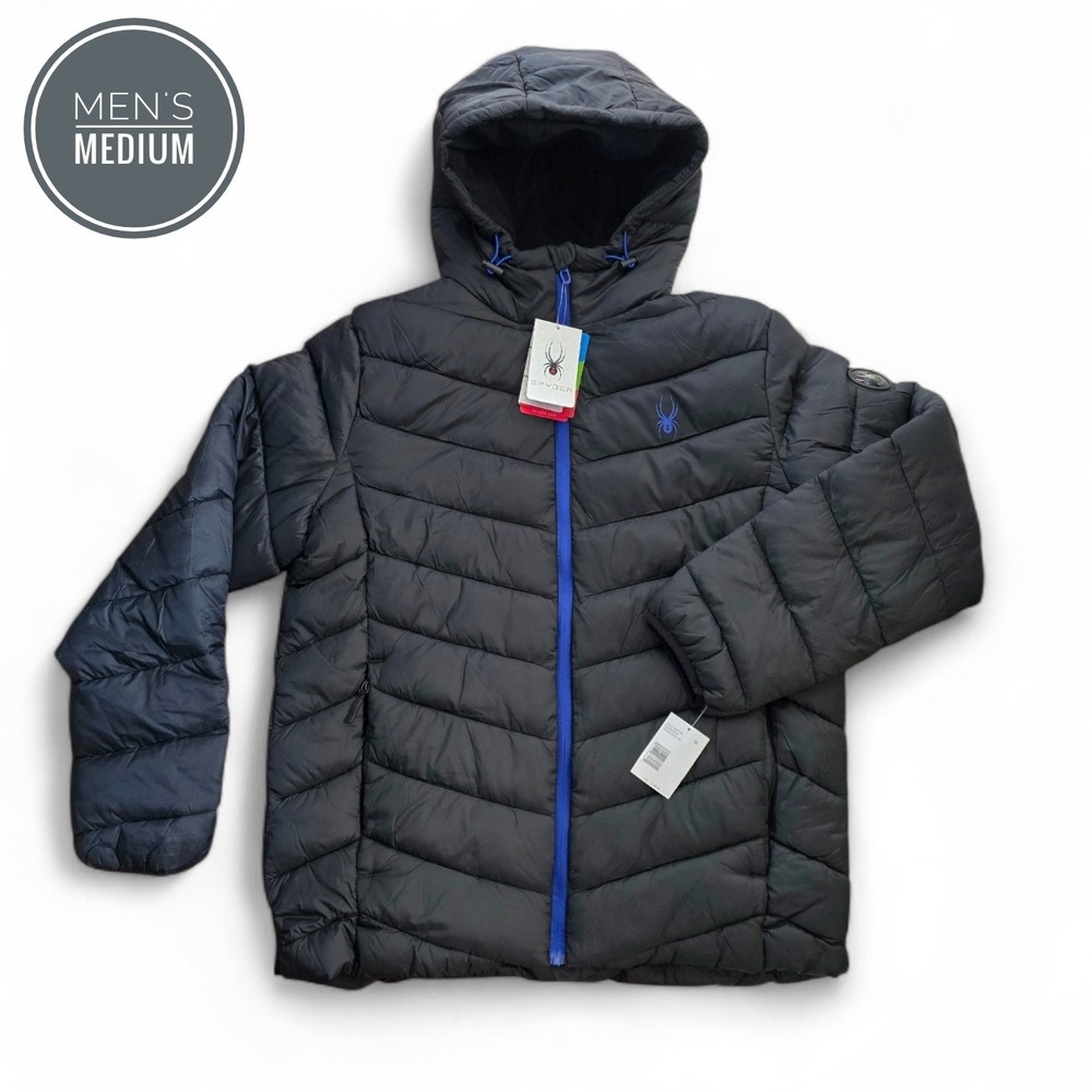Spyder Mens Black Blue Hooded Puffer Jacket ThermoWeb Retail $199 Medium NWT NEW - Picture 1 of 12